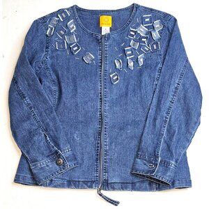 Ruby Rd. Embellished Denim Jean Jacket Size 8 Zip Front Long Sleeve Womens